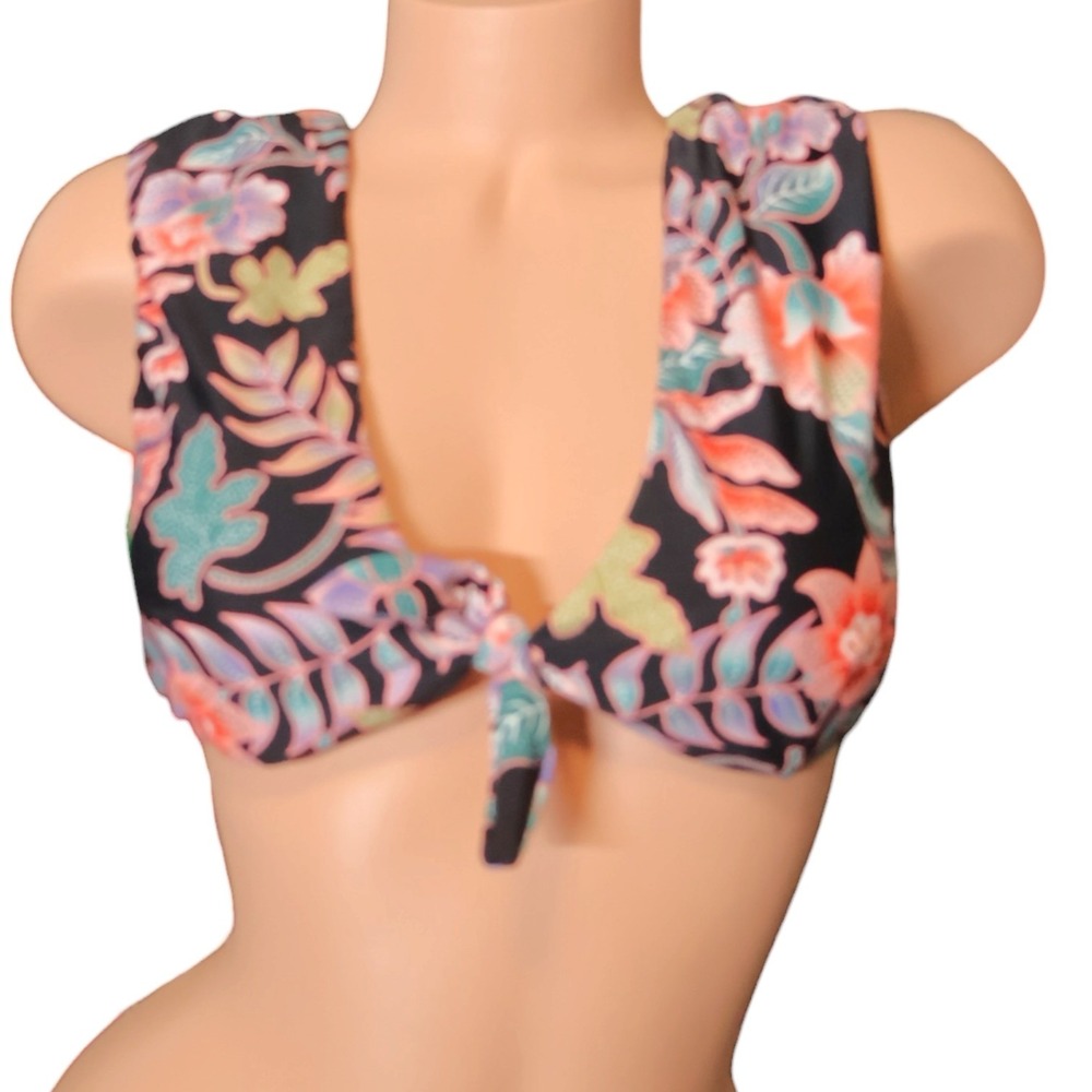 Raisins NWT XL Black Boho Floral Cap Sleeve Tie Front Open Back Bikini Top Ibiza